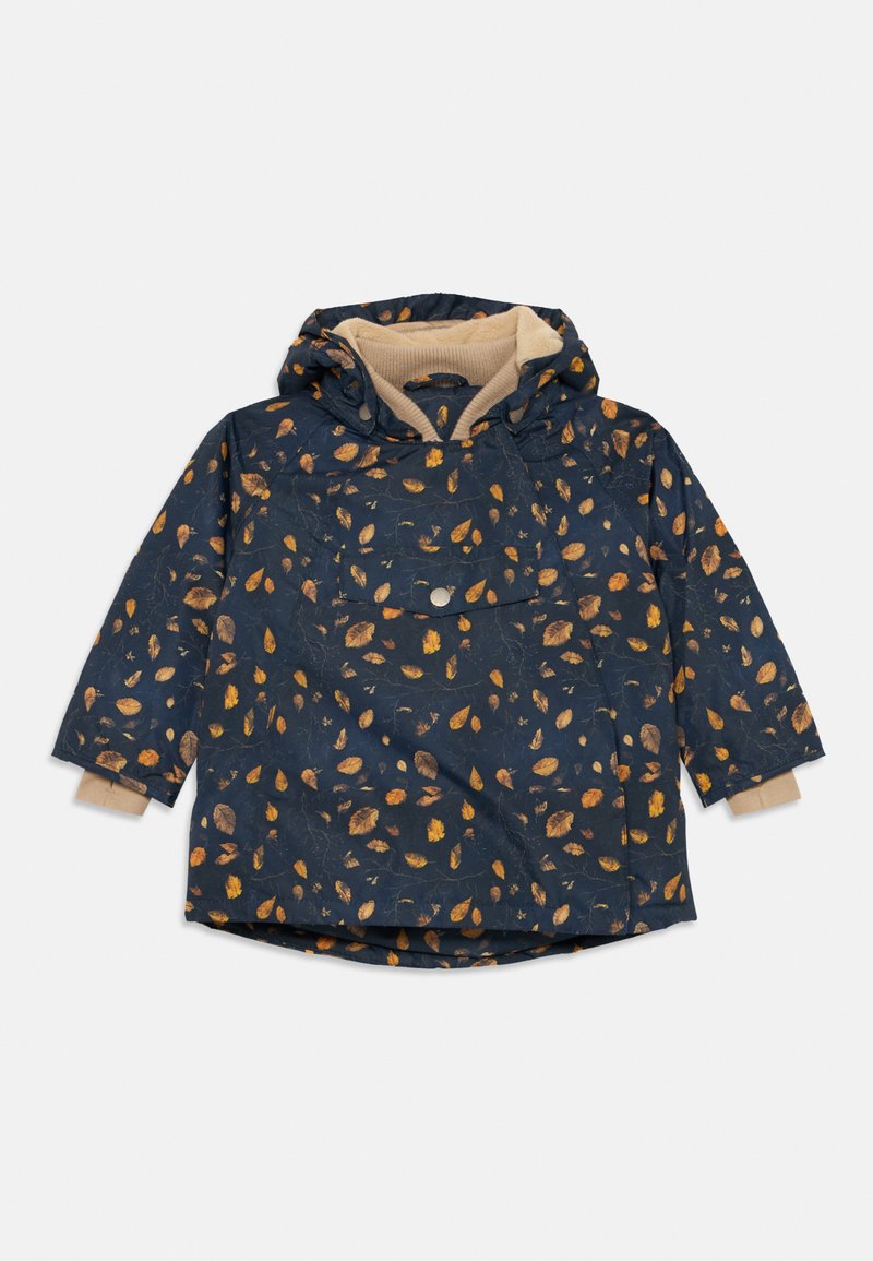 Marinejacke mit einem Blättermuster in Gelb und Orange. Verfügt über eine Kapuze, einen weichen beige Innenstoff und weite Ärmel mit Bündchen.