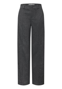 Pantalones de cuadros en gris, diseño de pierna ancha, confeccionados en tela texturizada, con cierre de botón en la parte delantera y pasadores para cinturón.