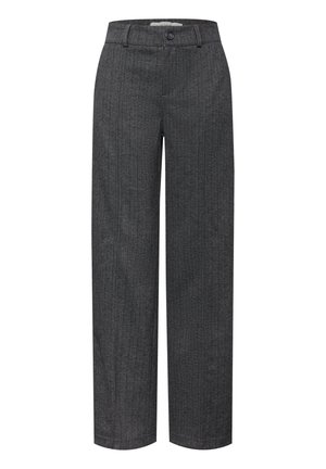 Grijze houndstooth broek, wijd gesneden ontwerp, gemaakt van textuurstof, met een voorknopsluiting en ceintuurlussen.