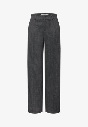 Pantaloni grigi a pied de poule, design a gamba larga, realizzati in tessuto strutturato, con chiusura frontale a bottone e passanti per la cintura.