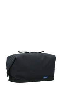 Neceser rectangular negro con cierre de cremallera y una pequeña etiqueta de producto bluesign en la esquina inferior derecha del frente.