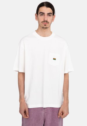 White cotton t-shirt with short sleeves, round neck, and front pocket featuring multicolored embroidery. Soft texture, relaxed fit.