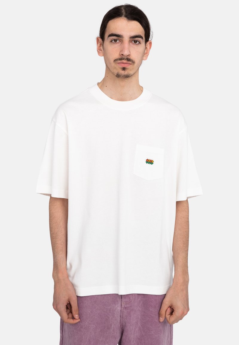 White cotton t-shirt with short sleeves, round neck, and front pocket featuring multicolored embroidery. Soft texture, relaxed fit.