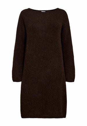 Brown woolen dress with long sleeves, relaxed fit, and a round neckline. Texture appears soft and slightly fuzzy. Minimalist design.