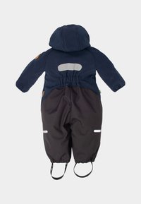 Navy and black insulated snowsuit with a hood, elastic waist, reflective accents, and tan elbow patches, featuring a rear stripe detail.