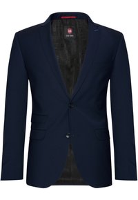 Blazer blue navy con chiusura a un bottone, due tasche frontali e una fodera interna con motivo sottile. Texture liscia e design strutturato.