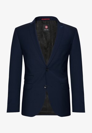 Navy blue blazer with a single-button closure, two front pockets, and a subtly patterned interior lining. Smooth texture and structured design.