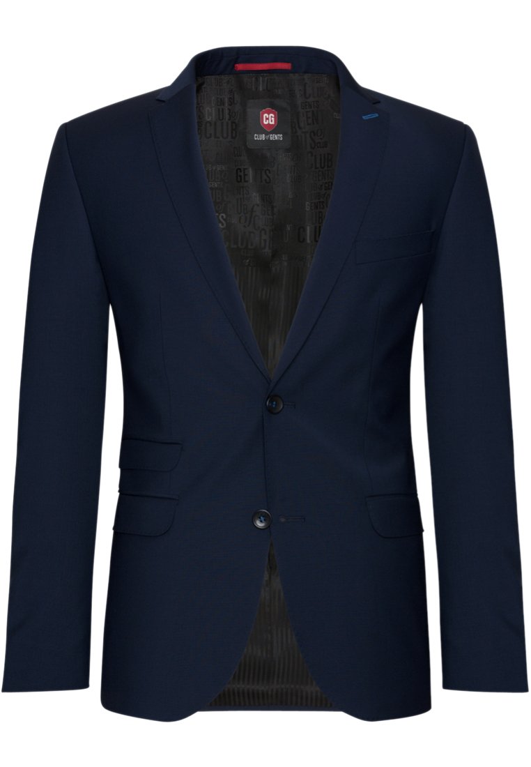 Blazer blue navy con chiusura a un bottone, due tasche frontali e una fodera interna con motivo sottile. Texture liscia e design strutturato.