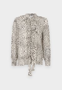 Bluza cu mâneci lungi dintr-un material ușor, având volane în față, guler și un model cu pete negre pe un fundal crem.