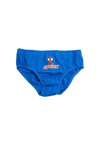 Shorts in cotone blu per ragazzi con vita elastica e un logo rosso "SPIDEY" con un design di ragno a fumetti sulla parte anteriore.