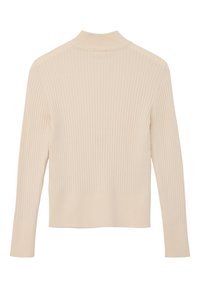 Pull en maille côtelée beige avec des manches longues et un col montant, vu de dos.
