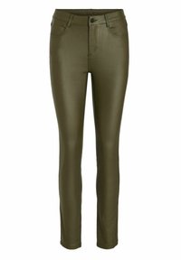 Olivgrön, högmidjad skinnybyxa i glänsande material; har framfickor och dragkedja med metalldknapp.