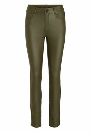 Olivově zelené, vysoké skinny kalhoty vyrobené z lesklého materiálu; mají přední kapsy a zipový kloub se zapínáním na kovový knoflík.