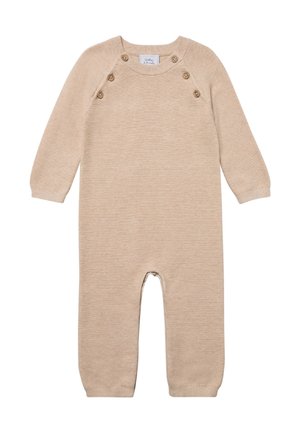 Beige gebreide jumpsuit met lange mouwen, voorzien van vijf knopen op de schouder, geribde manchetten en een relaxte pasvorm. Glad textuur over het geheel.
