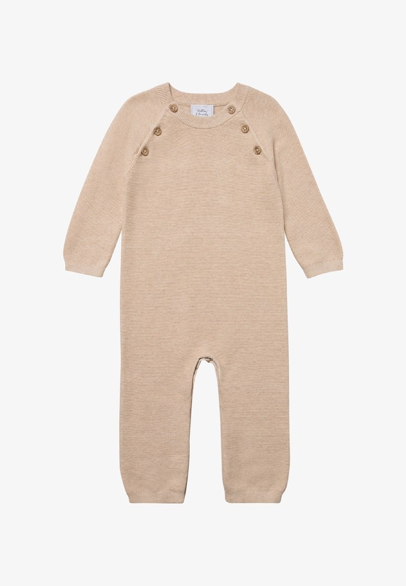 Beige gebreide jumpsuit met lange mouwen, voorzien van vijf knopen op de schouder, geribde manchetten en een relaxte pasvorm. Glad textuur over het geheel.