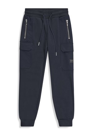 Pantalones jogger azul marino con cintura elástica, cordones, bolsillos frontales con cremallera, bolsillos cargo y puños acanalados.