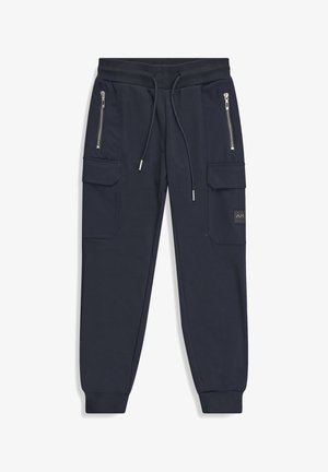 Pantaloni jogger blu navy con vita elastica, coulisse, tasche frontali con zip, tasche cargo e polsini a costine.