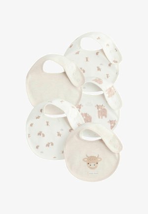 Penki kūdikio seilinukai iš minkšto medvilnės audinio, puošti tamsiai rožinės ir kreminės spalvų karvės raštais, su spaustukais ir tekstūruotu dizainu.