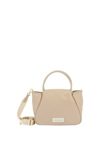 Borsa a mano in nylon beige con due manici corti, tracolla rimovibile, chiusura con zip e un'etichetta rettangolare del marchio sul davanti.