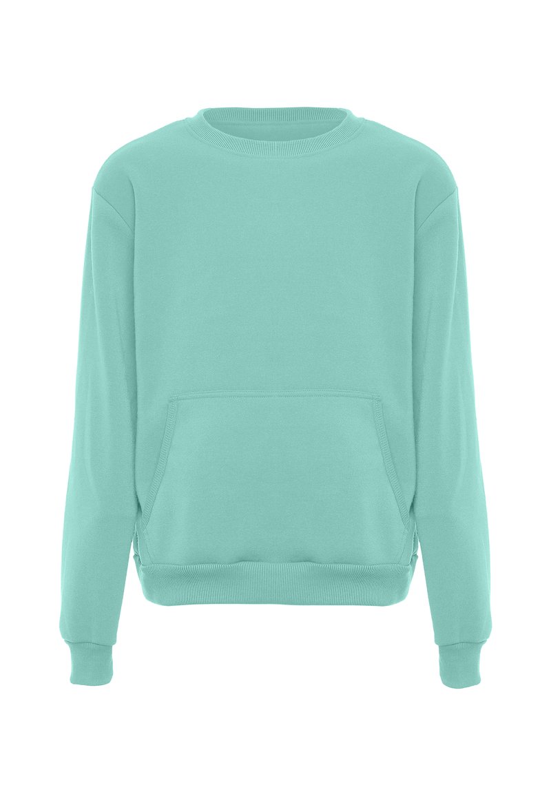 Felpa turchese con collo rotondo, maniche lunghe e tasca a marsupio frontale. Tessuto morbido con polsini e orlo a costine.