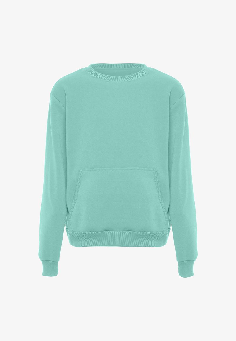 Felpa turchese con collo rotondo, maniche lunghe e tasca a marsupio frontale. Tessuto morbido con polsini e orlo a costine.