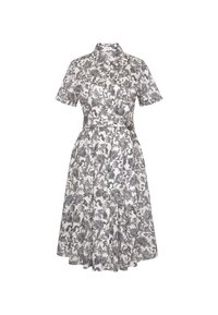 Robe blanche longueur genou avec motif floral noir, manches courtes, col et taille cintrée avec une ceinture discrète.