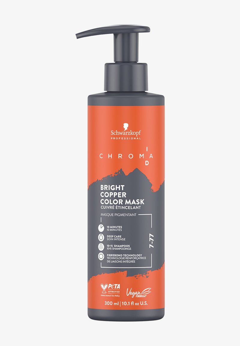 Schwarzkopf Chroma ID Bright Copper Color Maske in einer 300-ml-Pumpflasche. Enthält orange und graue Farben, klaren Text und verschiedene Pflegehinweise.