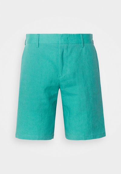 Shorts din in turcoaz cu un front plat, buzunare laterale și un tiv curat. Material ușor și textură netedă.