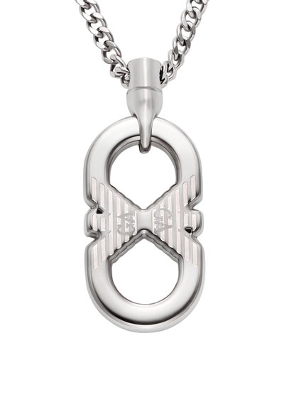 Pendentif en argent en forme d'infini avec des ailes gravées et une finition lisse, fixé à une chaîne.