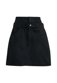 Černá sukně s elastickým pasem, předními kapsami a knoflíkovým zapínáním. Vyrobena z pevné tkaniny, s čistým a jednoduchým designem.