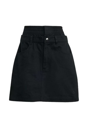Zwarte rok met een elastische tailleband, zijzakken en een knoopsluiting. Gemaakt van stevige stof, met een strakke, eenvoudige uitstraling.