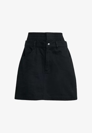 Black skirt with an elastic waistband, front pockets, and a button closure. Made of sturdy fabric, featuring a clean, simple design.