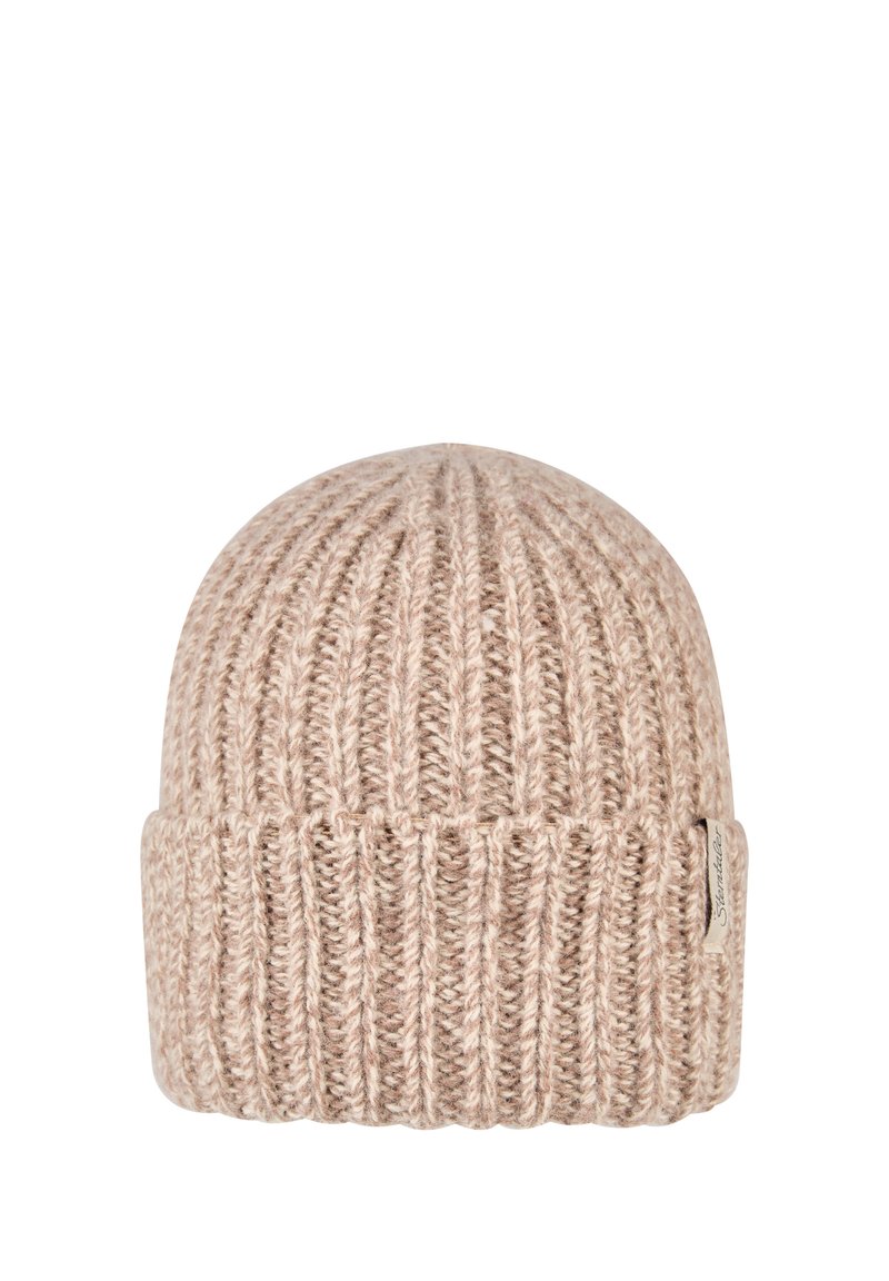 Beige ribbed knit beanie with folded cuff and small fabric tag on the side.