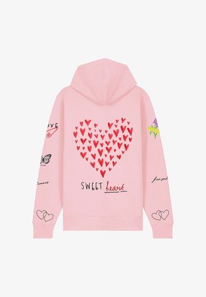 Roosa kapuutsiga dressipluus, millel on suur punane süda, mis koosneb väiksematest südametest, tekstiga "SWEET heart", tiibade, lille ja südamete graafikuga varrukatel.