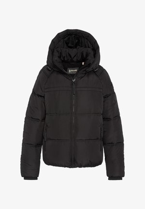 Giubbotto imbottito nero con cappuccio, caratterizzato da cuciture orizzontali, una zip frontale e tasche laterali. Tessuto morbido con polsini elasticizzati.