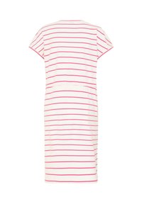 Robe blanche longueur genoux avec manches courtes, rayures horizontales roses et taille légèrement cintrée, vue de dos.