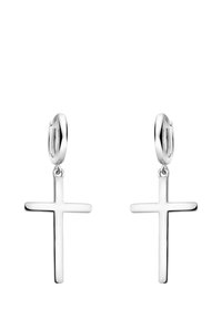 Silver hängande örhängen med enkel korsdesign, polerad finish, slät textur och säker ringfäste.