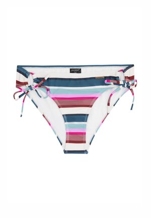 Pásikavé bikiny s nastaviteľnými viazaniami, zdobené modro, ružovo a hnedo pruhovaným vzorom na bielom podklade. Materiál vyzerá elasticky.