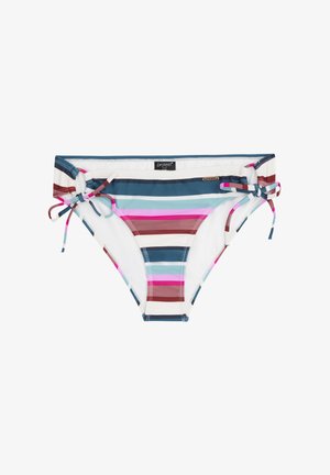 Gestreepte bikini broek met verstelbare strikjes, voorzien van blauwe, roze en bruine horizontale strepen op een witte ondergrond. Materiaal lijkt rekbaar.