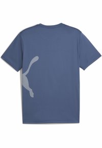 Herre kortærmet træningsshirt i marineblå lavet af glat, let stof med et stort, reflekterende logo på ryggen.