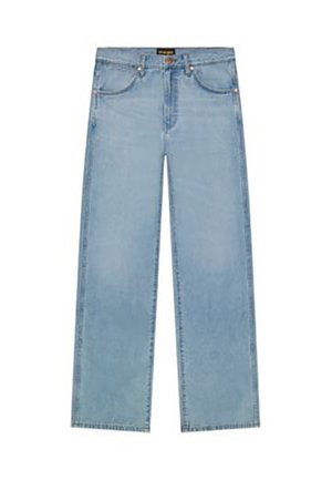 Jeans de pierna recta de talle alto en azul claro con bolsillos delanteros, trabillas para cinturón y cierre de botón y cremallera.