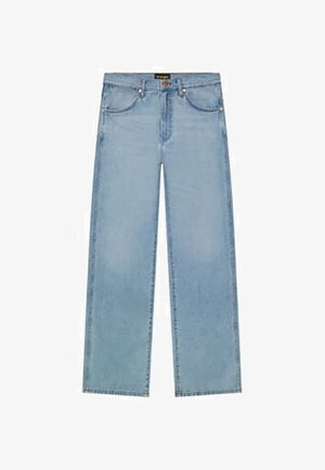 Lyseblå høj talje, straight-leg jeans med forlommer, bæltestropper og lukning med knap og lynlås.