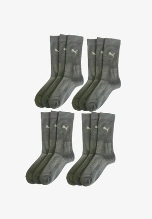 Four sets of three gray crew socks with ribbed cuffs and white Puma logo on each sock.