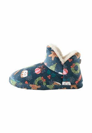 Blue slipper featuring a festive pattern with gingerbread, snowmen, and Christmas trees, lined with cream faux fur around the ankle.