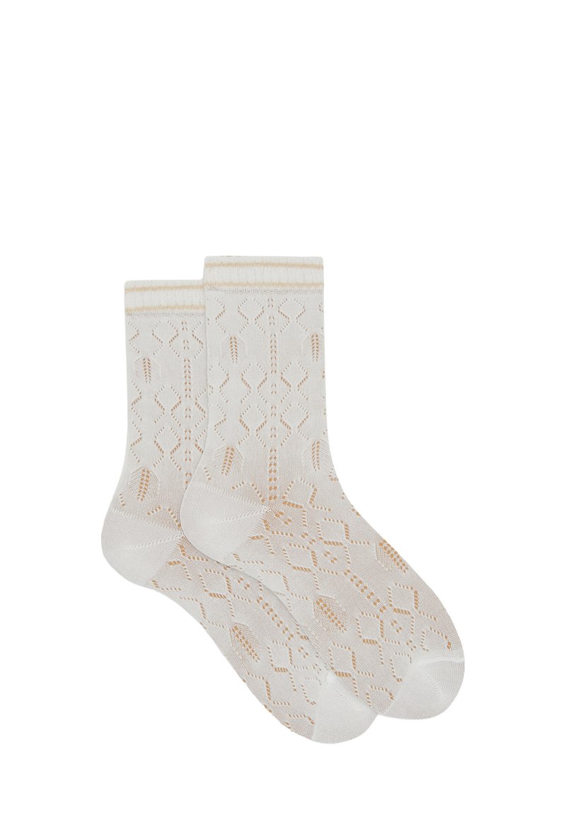Knee-high socks in cream with a lace-like pattern, featuring a light beige cuff. Made from soft fabric with a textured finish.