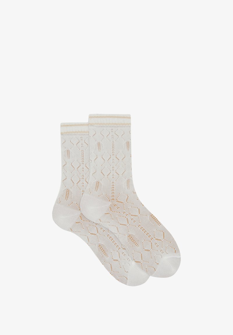 Knee-high socks in cream with a lace-like pattern, featuring a light beige cuff. Made from soft fabric with a textured finish.