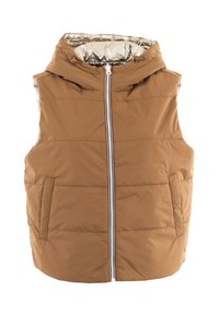 Gilet imbottito marrone con cappuccio, dotato di chiusura zip e tasche laterali. L'interno è foderato con un tessuto metallico per creare contrasto.
