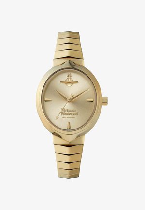 Goldene Edelstahluhr mit rundem Zifferblatt, strukturiertem goldenem Ziffernblatt, minimalistische Stundenmarkierungen und einem schräg verlaufenden Gliederarmband.