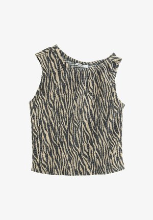 Débardeur sans manches avec un motif texturé de rayures zébrées en bleu foncé et beige. Présente un décolleté large et une coupe ajustée.