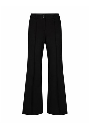 Zwarte broek met hoge taille, voornaaddetails, riemlussen en twee knopen in de tailleband, met een licht uitlopende pijp.